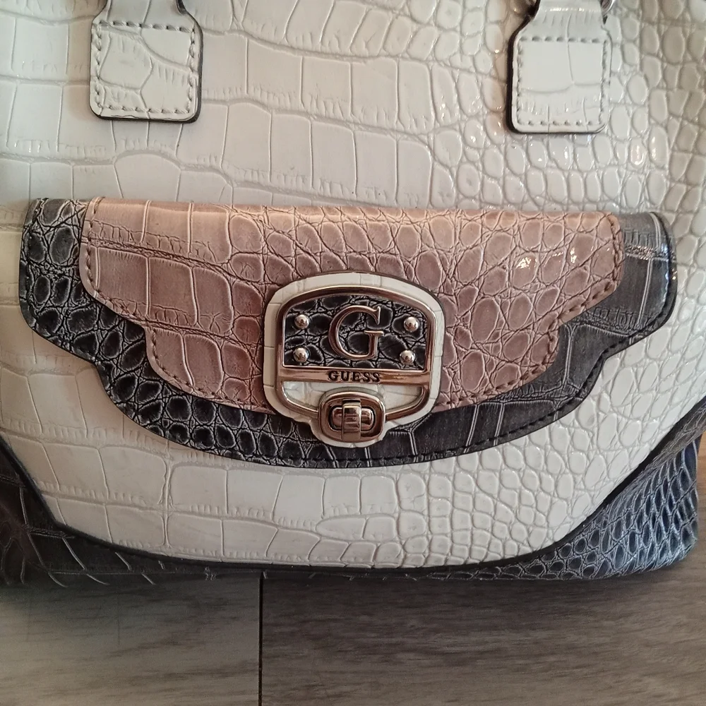 G By Guess Satchel Bag in cream, gray, and brown with a crocodile print